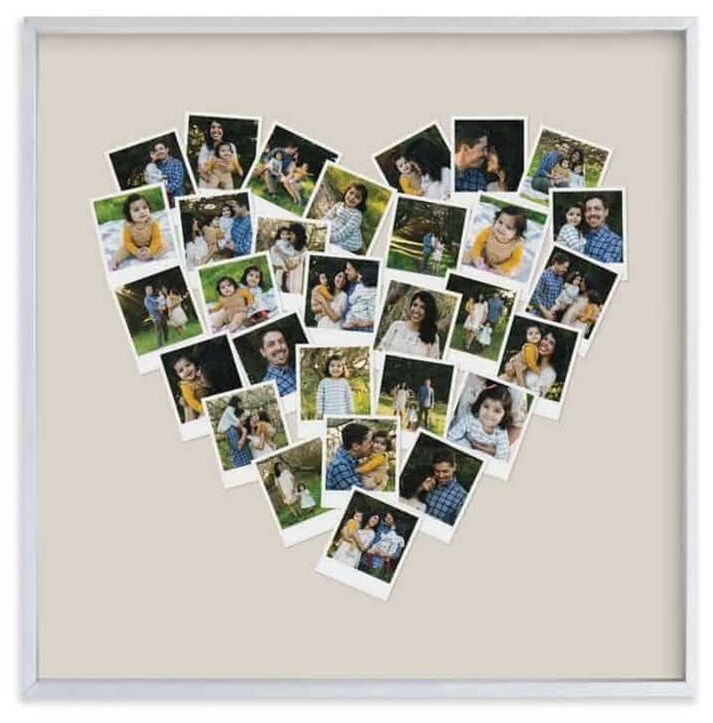 Framed photo collage in the shape of a heart.